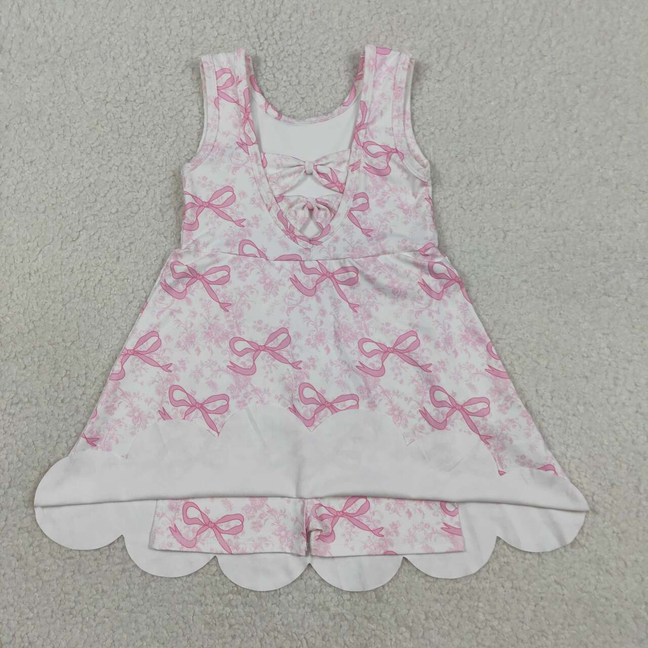 GSD2572 Kids Baby Girls Pink Bows Floral Yoga Activity Short Scallop Knee Length Dresses