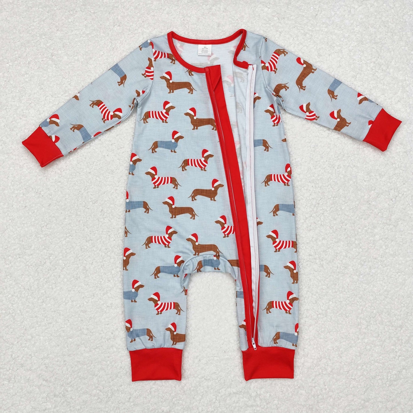 LR1082 Baby Infant Boys Christmas Dachshund Dogs Zip Romper