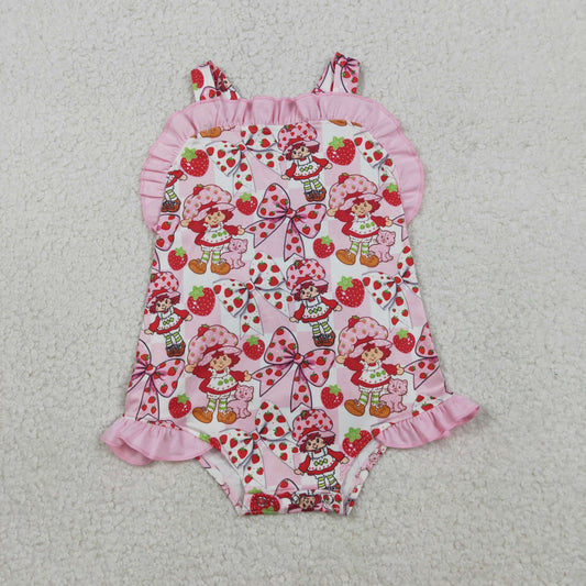 SR3885 Newborn Baby Strawberry Girls Strap Flowers Back Bow Ruffle Rompers