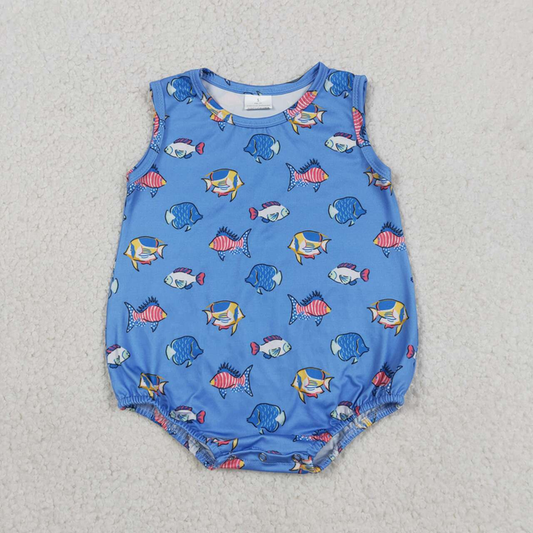 SR4151 Newborn Baby Boys Sleeveless Red Blue Fishes 4th of July Romper