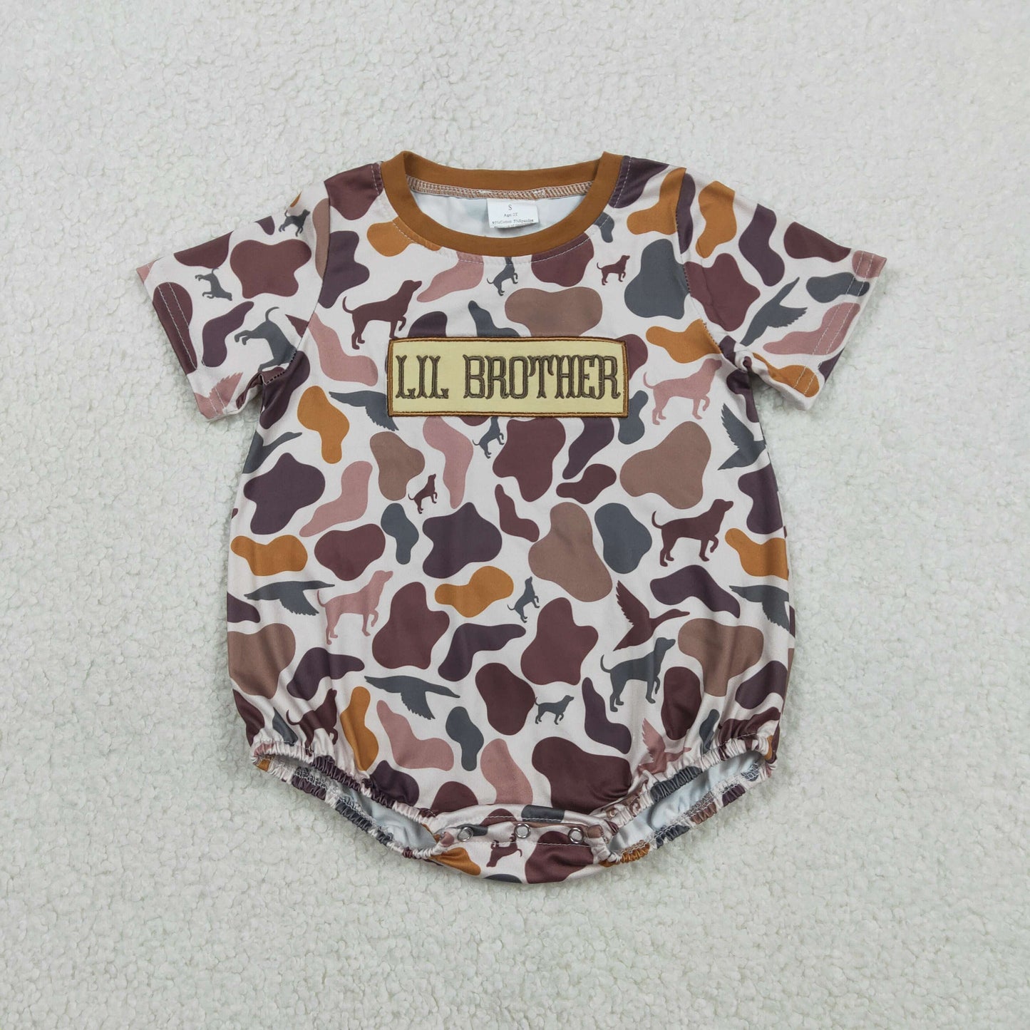 RTS NO MOQ（In Stock) SR3865 Embroidered Lil Brother Puppy and Duck Camouflage Short-Sleeve Jumpsuit 7