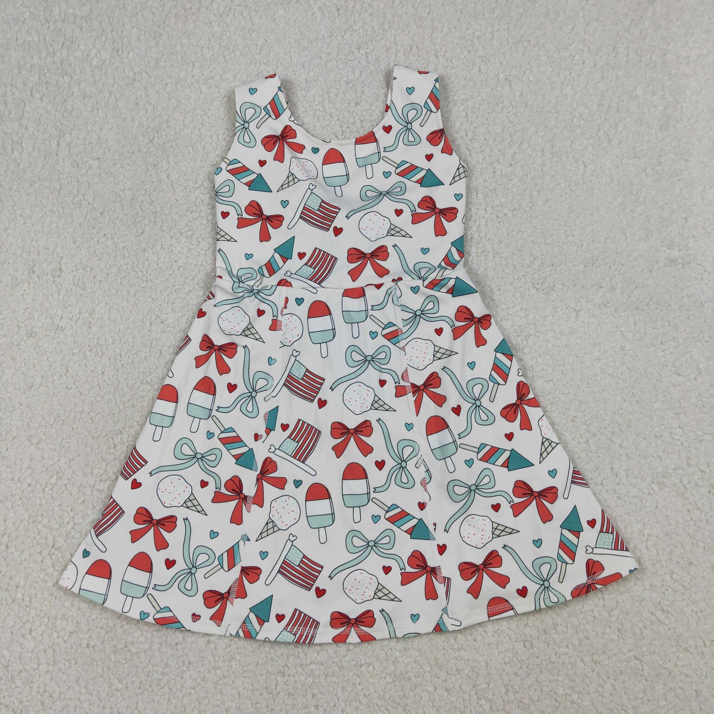 GSD3750 Kids Baby Girls Popsicle Flag Bows Yoga Active 4th of July Shorts Knee Length Dress