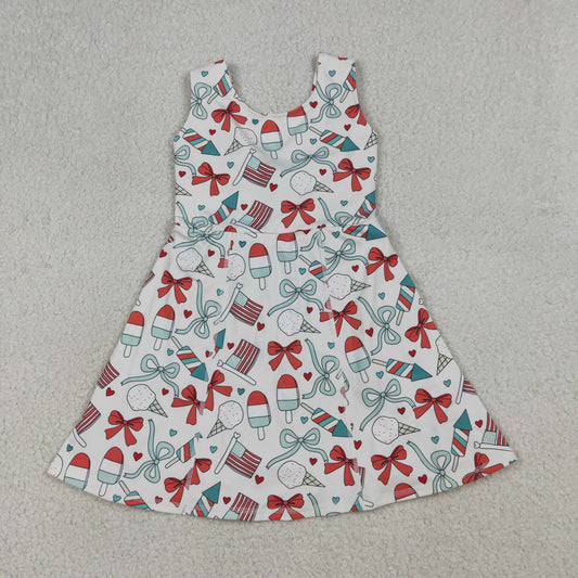 GSD3750 Kids Baby Girls Popsicle Flag Bows Yoga Active 4th of July Shorts Knee Length Dress