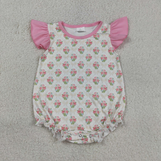 SR3677 Baby Girl Pink Flutter Sleeve Flowers Checked Ruffle Rompers