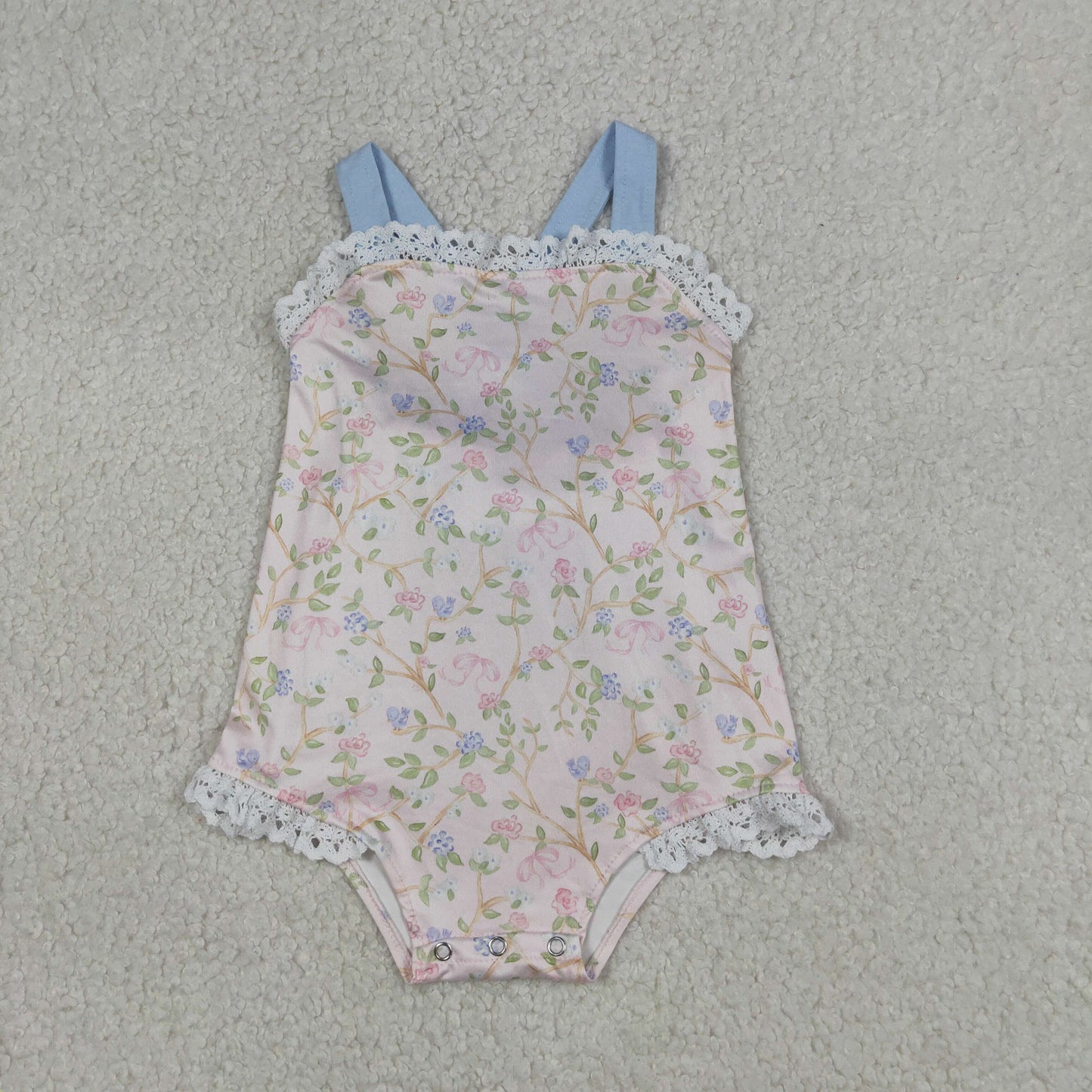 SR3461 Newborn Baby Girls Strap Flowers Plaid Back Bows Ruffle Rompers