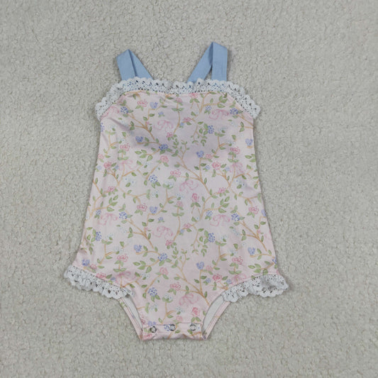 SR3461 Newborn Baby Girls Strap Flowers Plaid Back Bows Ruffle Rompers