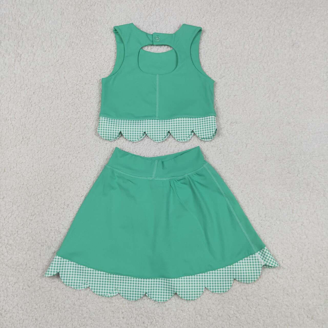 GSD3320 Kids Baby Girls Green Vest Top Bows Skirt Shorts Yoga Active Scallop Clothes Sets