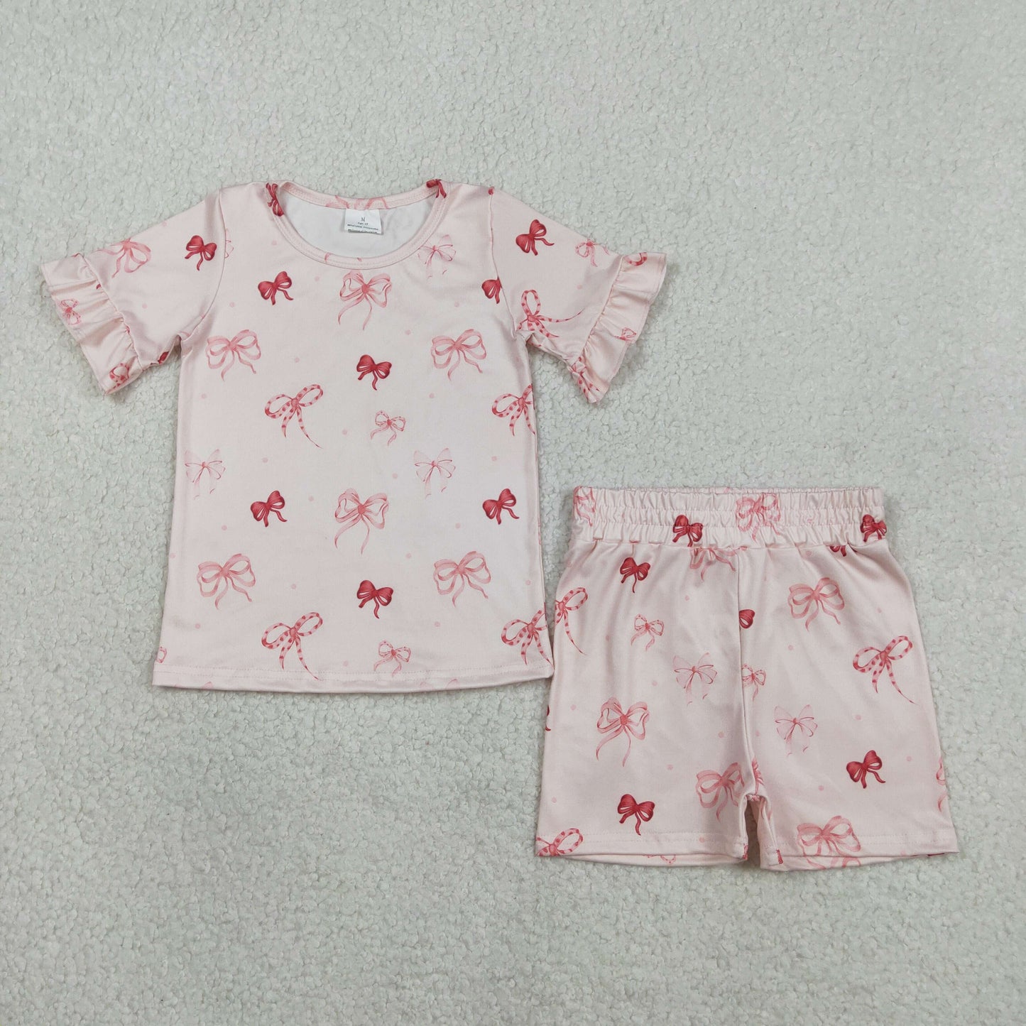 RTS NO MOQ（In Stock) GSSO2996 Bow Pattern Polka Dot Purple Lace Short-Sleeve and Shorts Set