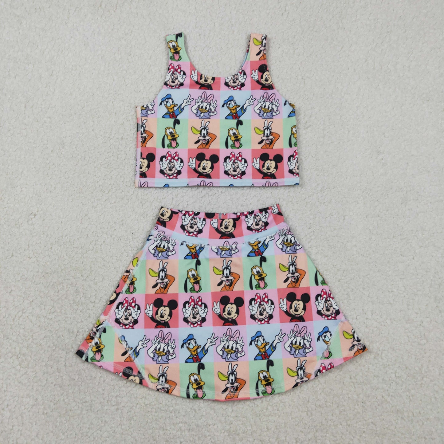 GSD2333 Kids Baby Girl Sleeveless Cartoon Mouse Ducks Plaid Top Skort Yoga Sets