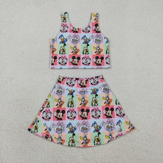 GSD2333 Kids Baby Girl Sleeveless Cartoon Mouse Ducks Plaid Top Skort Yoga Sets