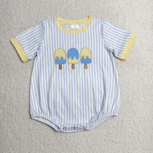 SR4107 Newborn Embroidery Popsicle Baby Boys Short Sleeve Blue Stripe Rompers