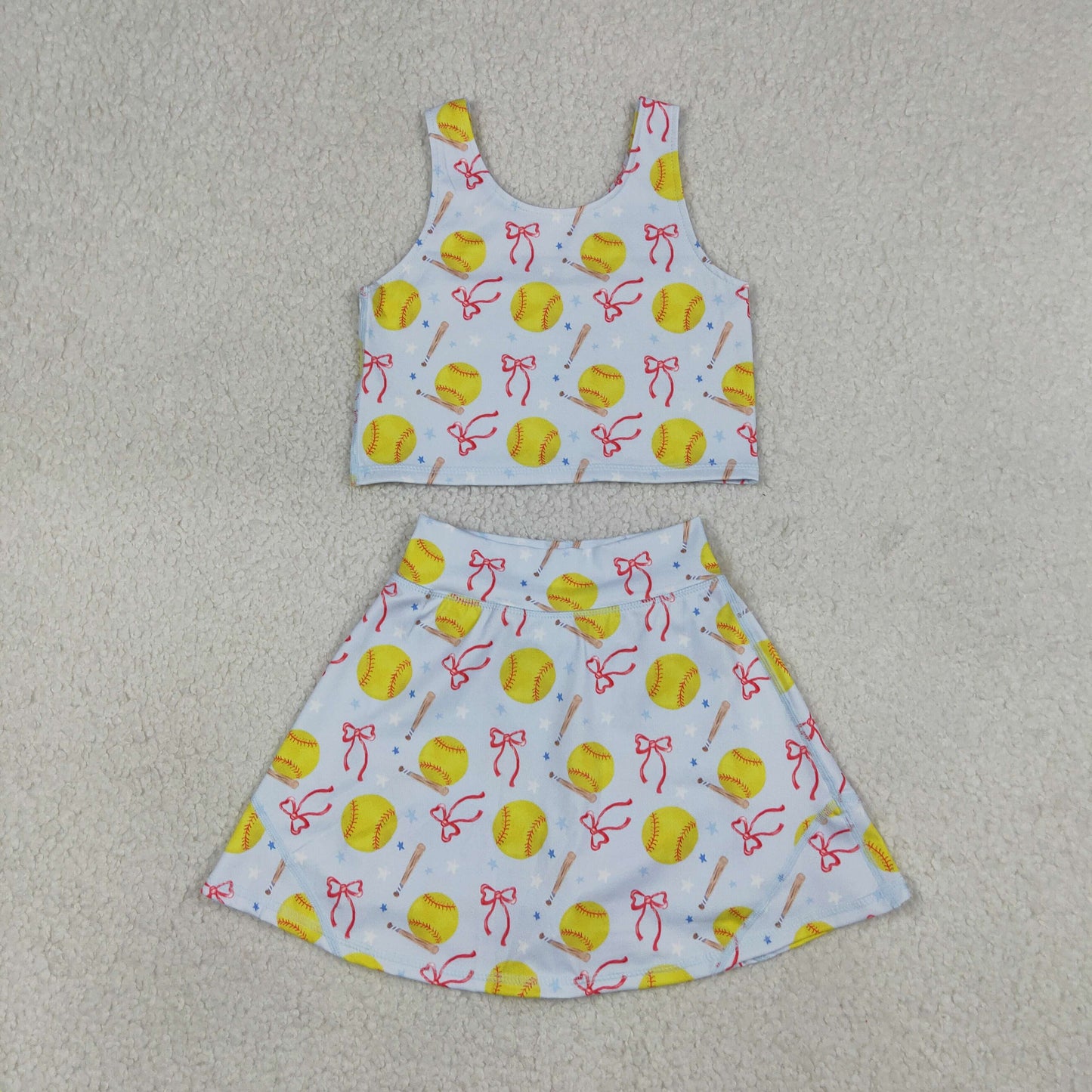 GSD3836 Kids Baby Girls Bows Softballs Vests Top Skirt Short Team Yoga Active Clothes Set