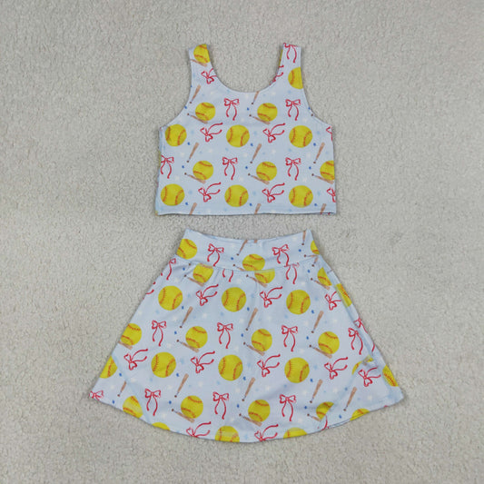 GSD3836 Kids Baby Girls Bows Softballs Vests Top Skirt Short Team Yoga Active Clothes Set