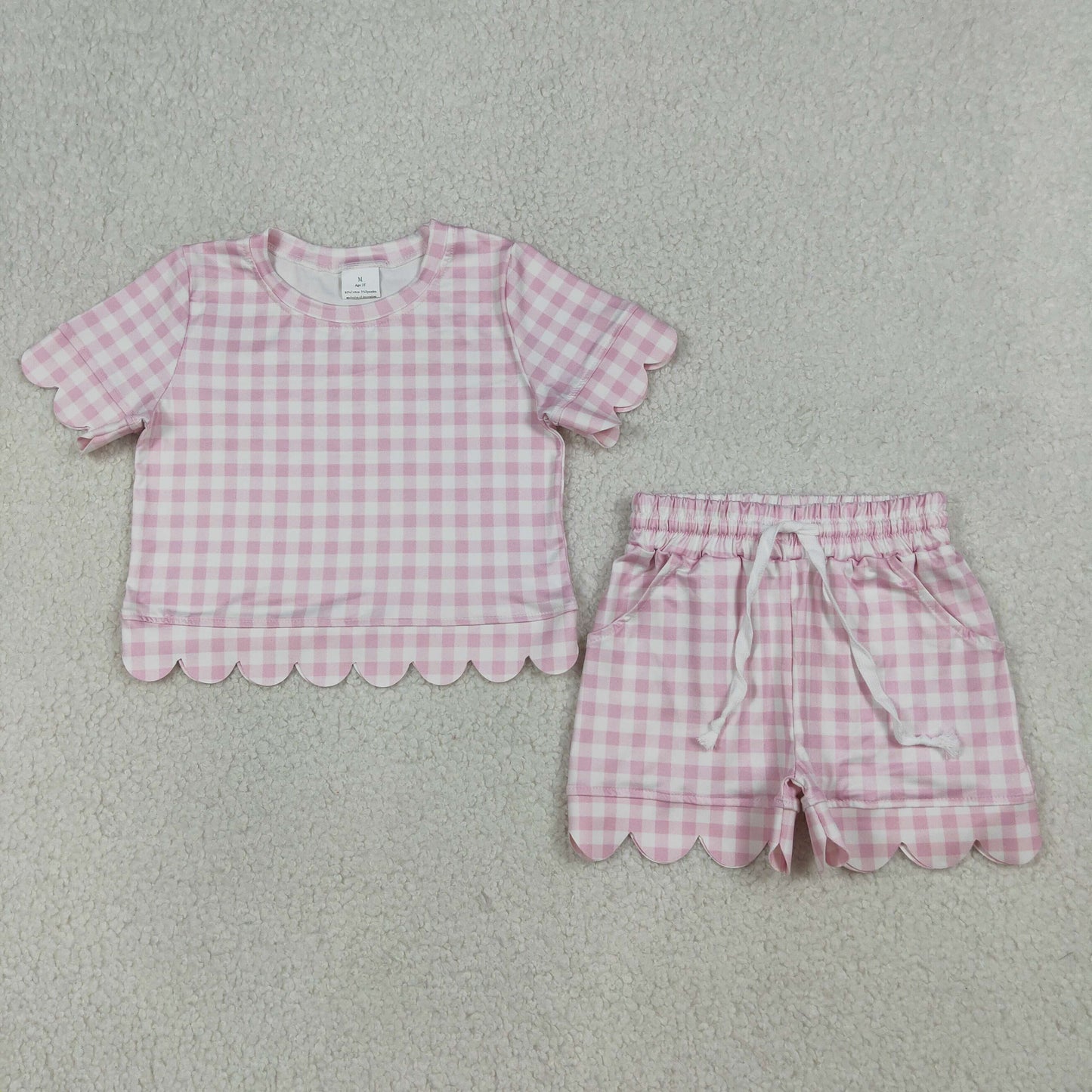 GSSO3183 Kids Baby Girls Short Sleeve Light Pink Checked Top Shorts Scallop Clothes Sets
