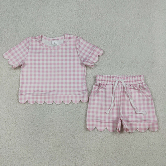 GSSO3183 Kids Baby Girls Short Sleeve Light Pink Checked Top Shorts Scallop Clothes Sets