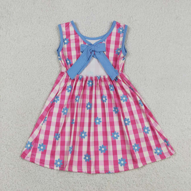 GSD4007 Kids Baby Girls Sleeveless Pink Checked Flowers Back Bow Knee Length Dresses