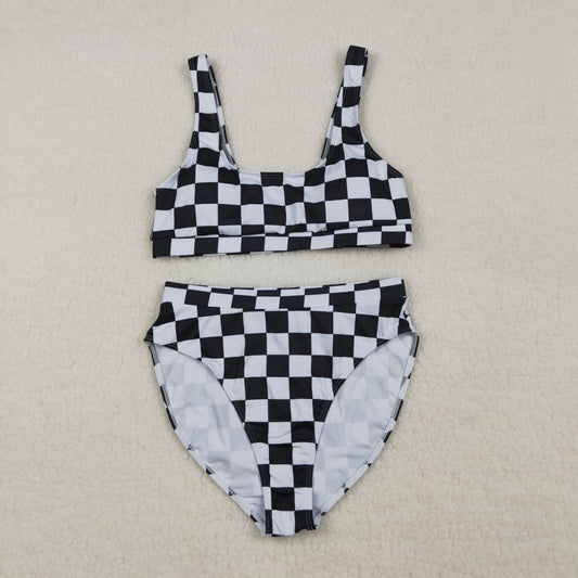 S0738 Adult Women Black Checkered Bra Top Bummies Bottom Swimsuits Sets