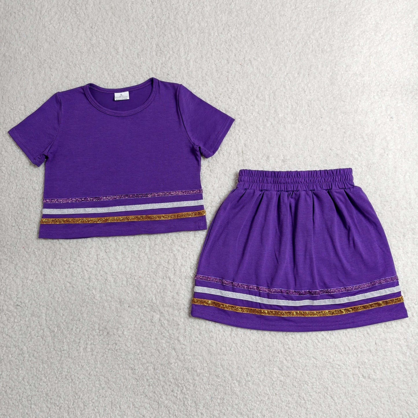 GSD3944 Kids Baby Girls Purple Short Sleeve Stripe Top Skirt Short Slouchy Clothes Sets