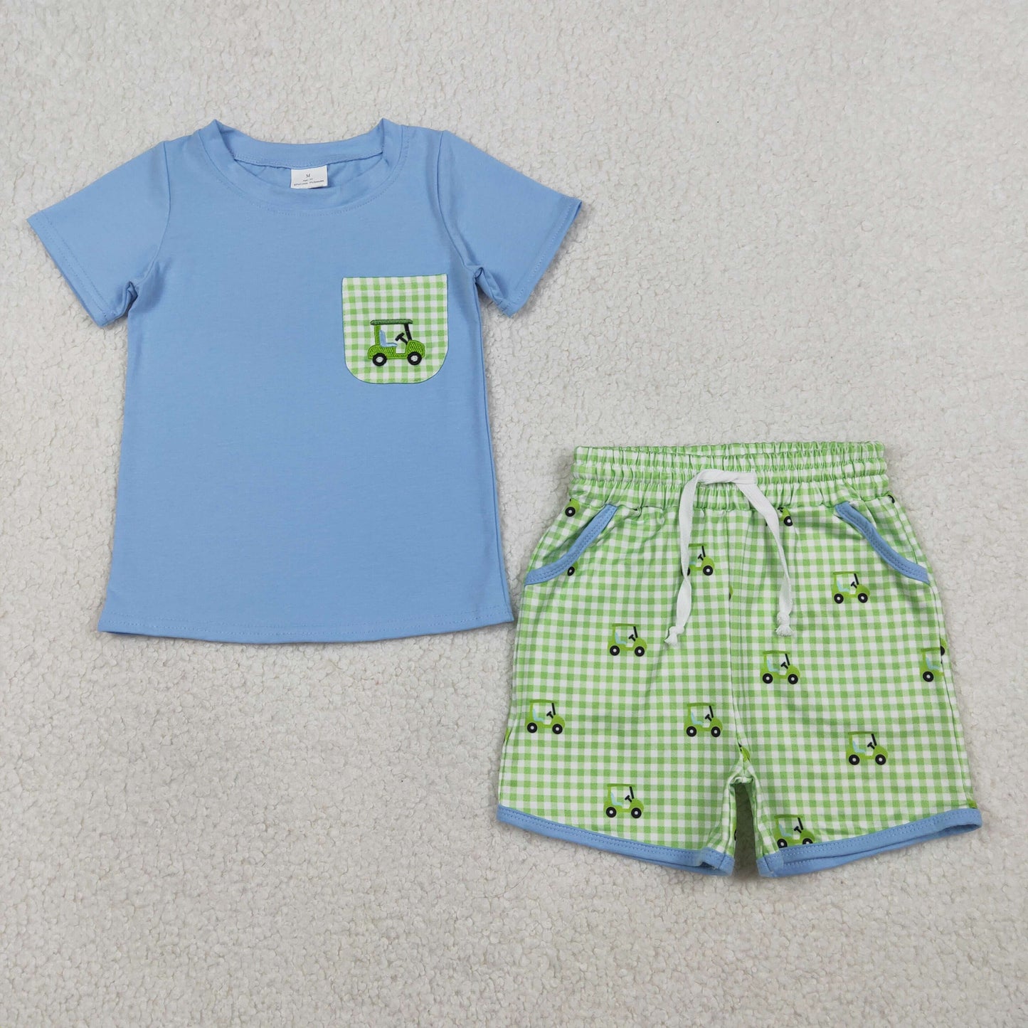 RTS NO MOQ（In Stock) BSSO1672 Embroidered Golf Cart Pocket Light Blue Short-Sleeve Green Checkered Shorts Set