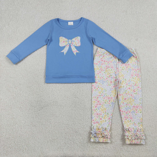 RTS NO MOQ（In Stock) GT1538+P1005 Embroidered floral print and bow pattern blue long-sleeved top trim trousers set-GLP3243