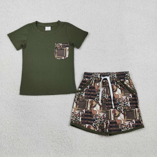 RTS NO MOQ（In Stock) BSSO1848 Hunting Dog Deer Shot Rifle Dark Green Pocket Short-Sleeve and Shorts Set
