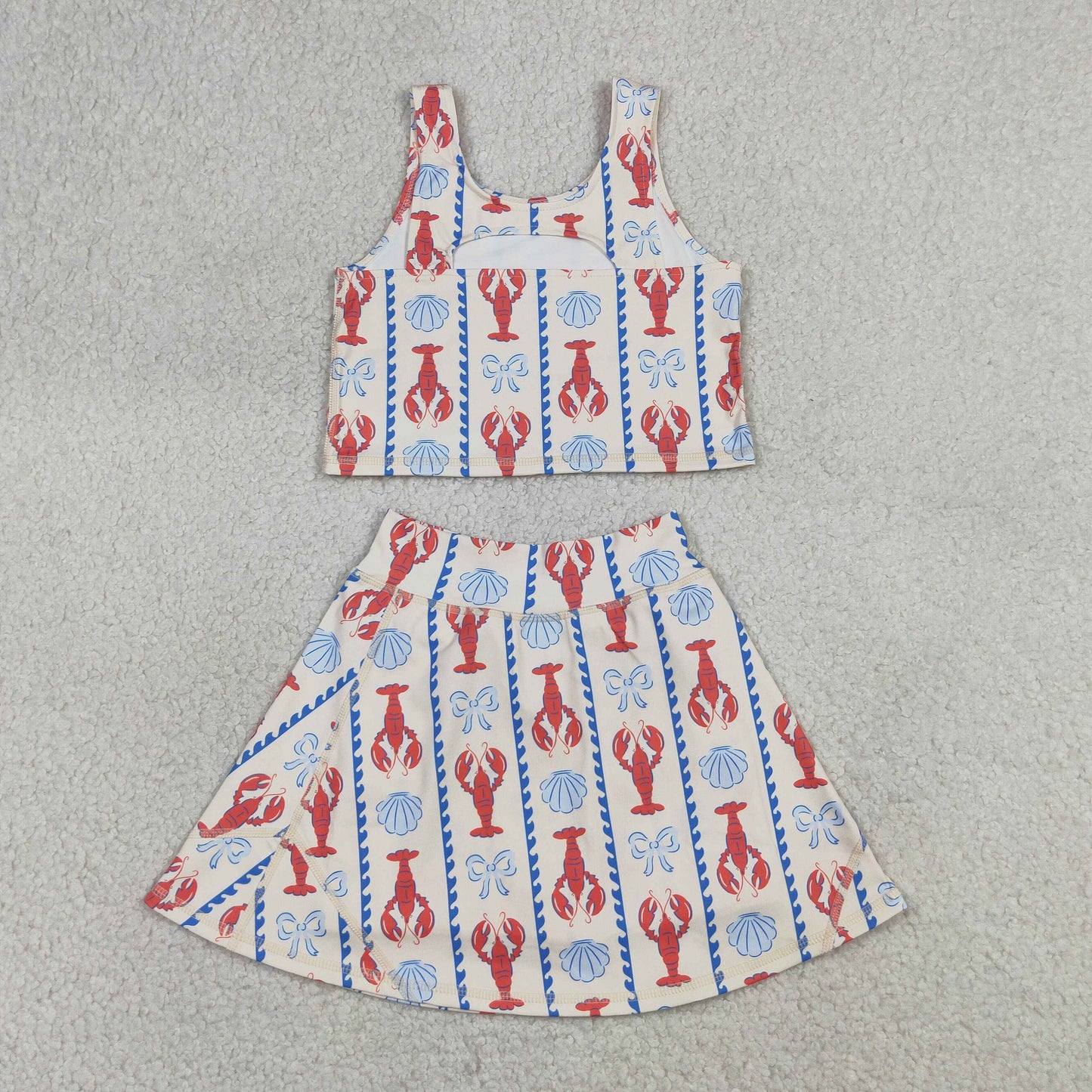 GSD3626 Kids Baby Girls Bows Crayfishes Stripe Vest Top Skirt Short Yoga Active Clothes Sets