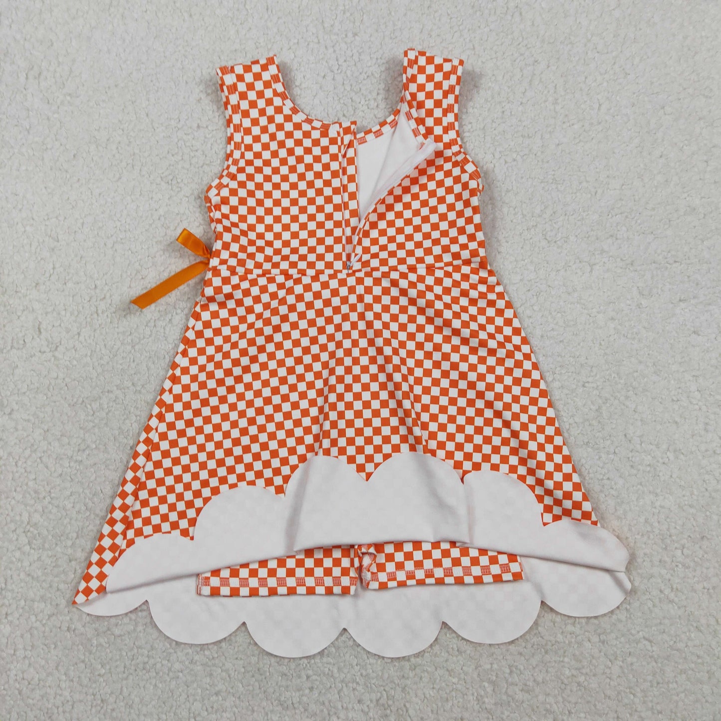 GSD3428 Kids Baby Girls Orange Checked Yoga Active Scallop Shorts Knee Length Dresses