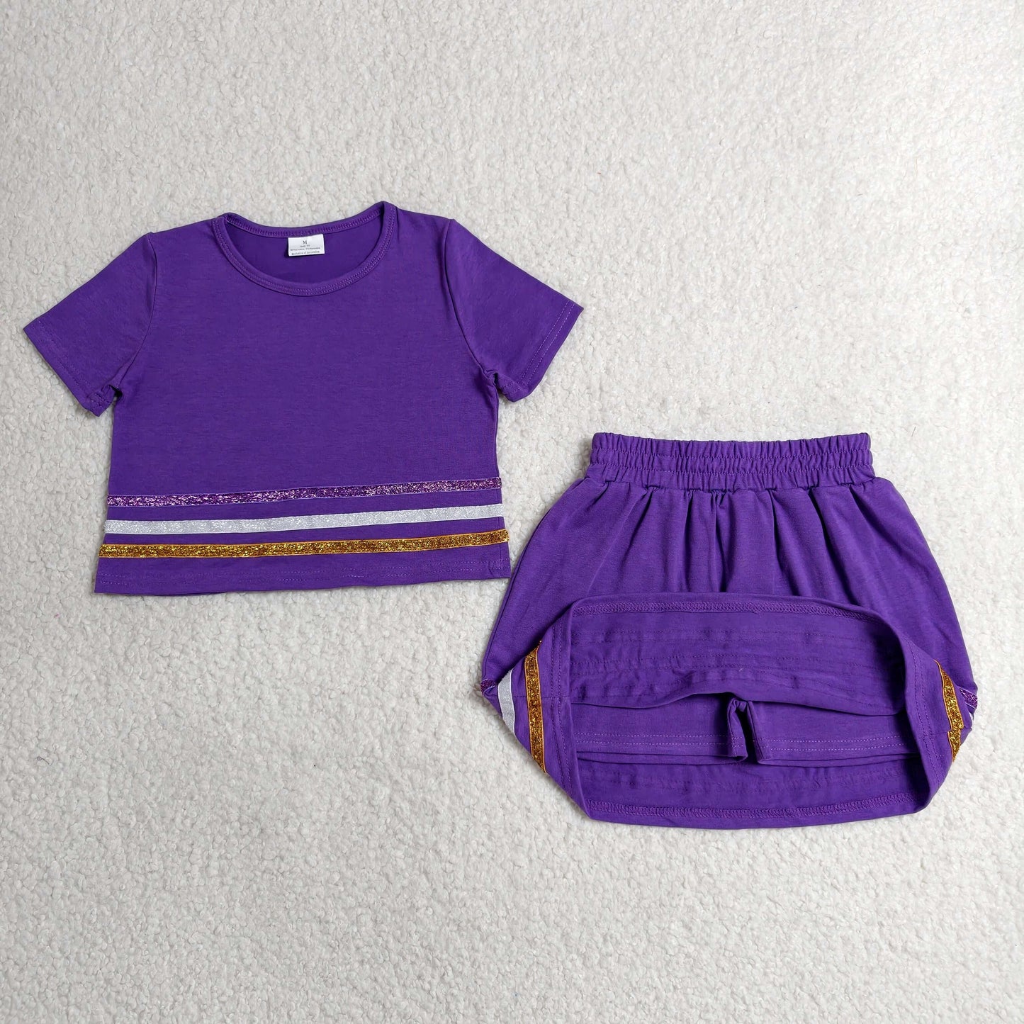 GSD3944 Kids Baby Girls Purple Short Sleeve Stripe Top Skirt Short Slouchy Clothes Sets