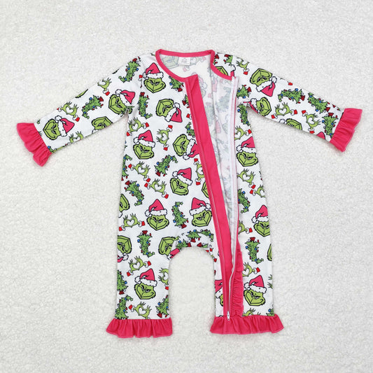 LR1337 Baby Infant Girls Pink Christmas Green Face Hearts Long Sleeve Ruffles Romper