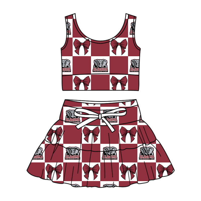 Custom Milk Silk Order MOQ:3 or 5 pcs Each Design Team State Girl Summer Bow Dark Red Sleeveless Skirts Sets-26.1.17