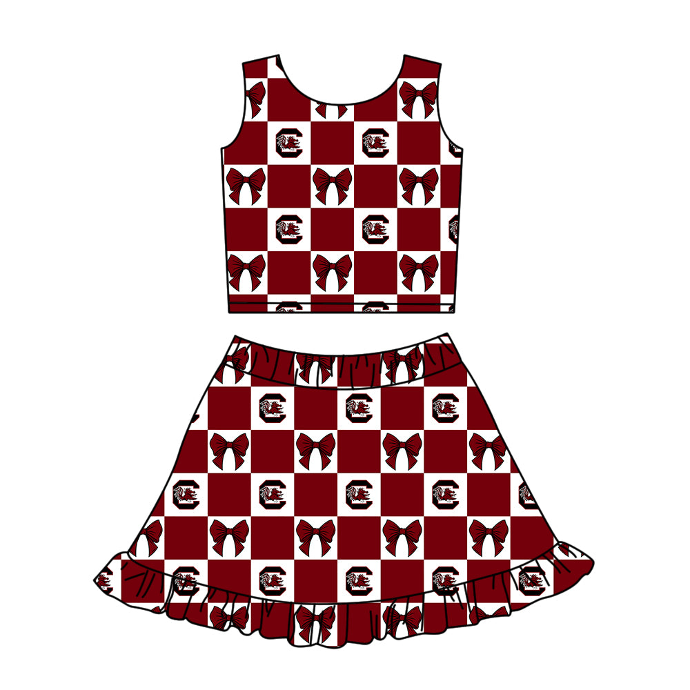 Custom Milk Silk Order MOQ:3 or 5 pcs Each Design Team State Girl Summer Bow Dark red Sleeveless Skirts Sets-26.1.20