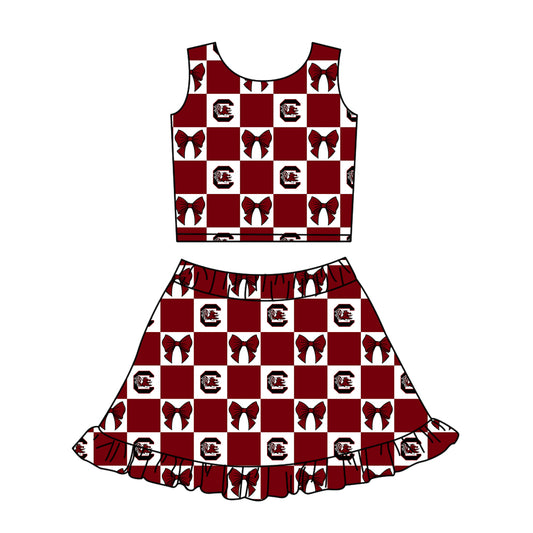 Custom Milk Silk Order MOQ:3 or 5 pcs Each Design Team State Girl Summer Bow Dark red Sleeveless Skirts Sets-26.1.20