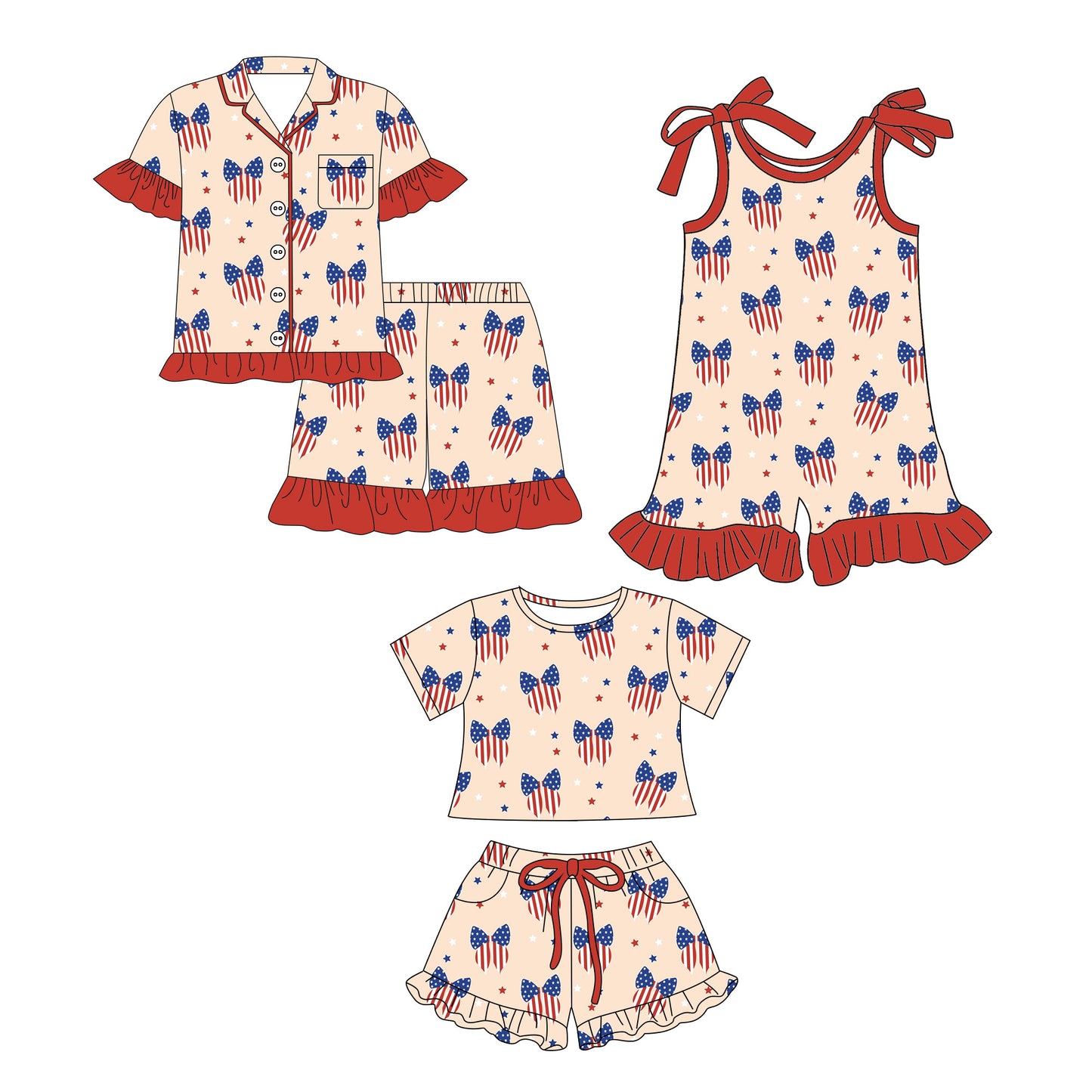 26.1.3 Custom MOQ:3 or 5 pcs each design milk silk Sibling baby girl clothes bow flag short sleeve shorts sets 2 and jumpsuit