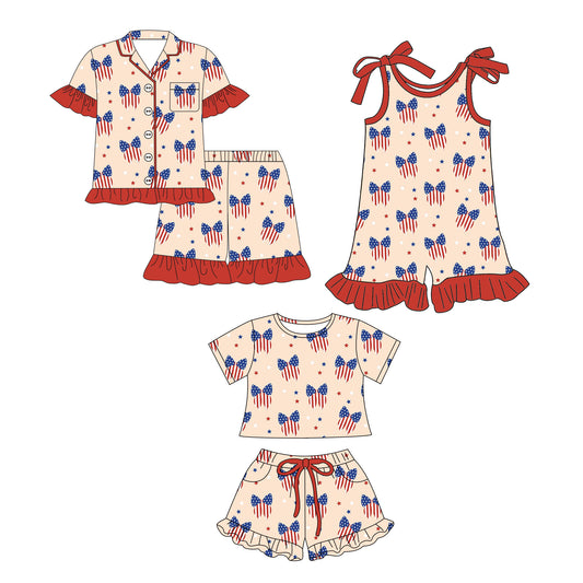 26.1.3 Custom MOQ:3 or 5 pcs each design milk silk Sibling baby girl clothes bow flag short sleeve shorts sets 2 and jumpsuit