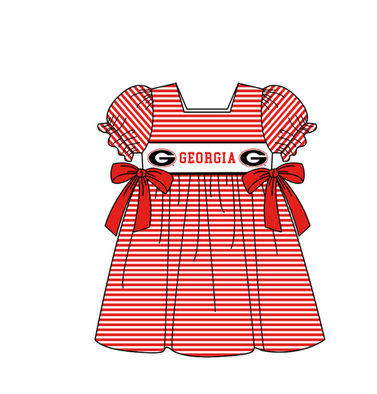 1.30 Custom Order Moq 3 Baby Girl Georgia Team Bows Stripe Ruffle Knee Length Dresses