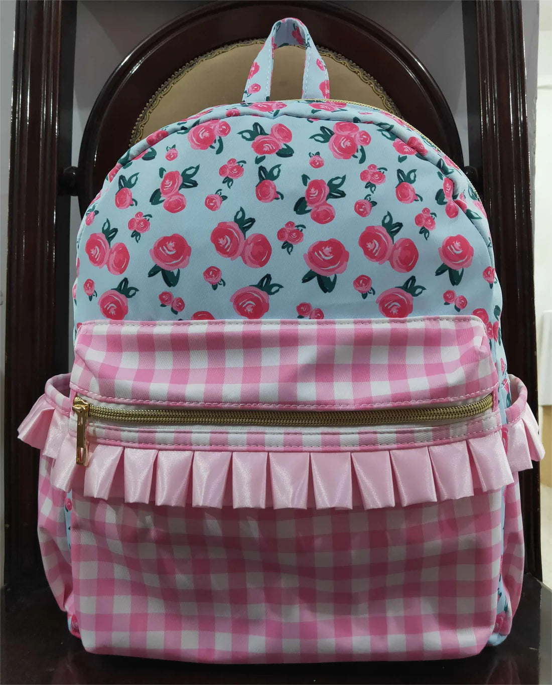 BA0217 Floral pink plaid blue backpack