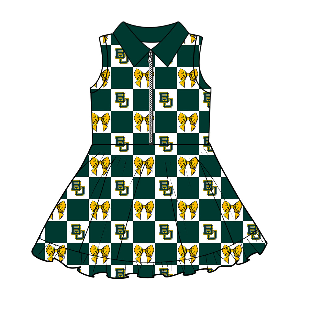 Custom MOQ 3 or 5 pcs Team Design Girl Summer Green BU Bows Checked Sleeveless Dress