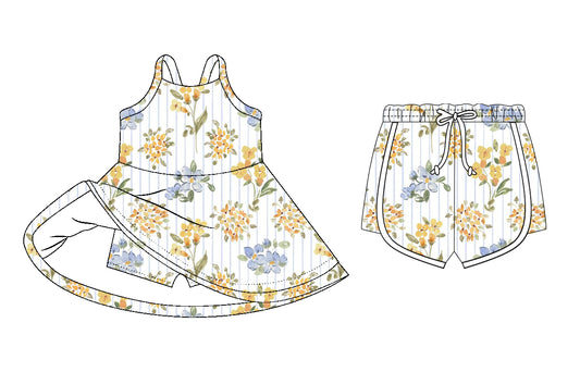 26.1.7 Custom MOQ:3 or 5 pcs each design milk silk Sibling baby girl clothes floral short sleeve dress and shorts