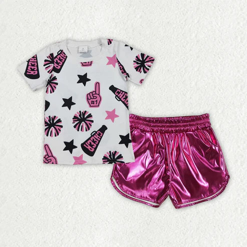 6.23 Sibling Baby Girls Cheer Team Shirts Top Leather Shorts Summer Clothes Sets