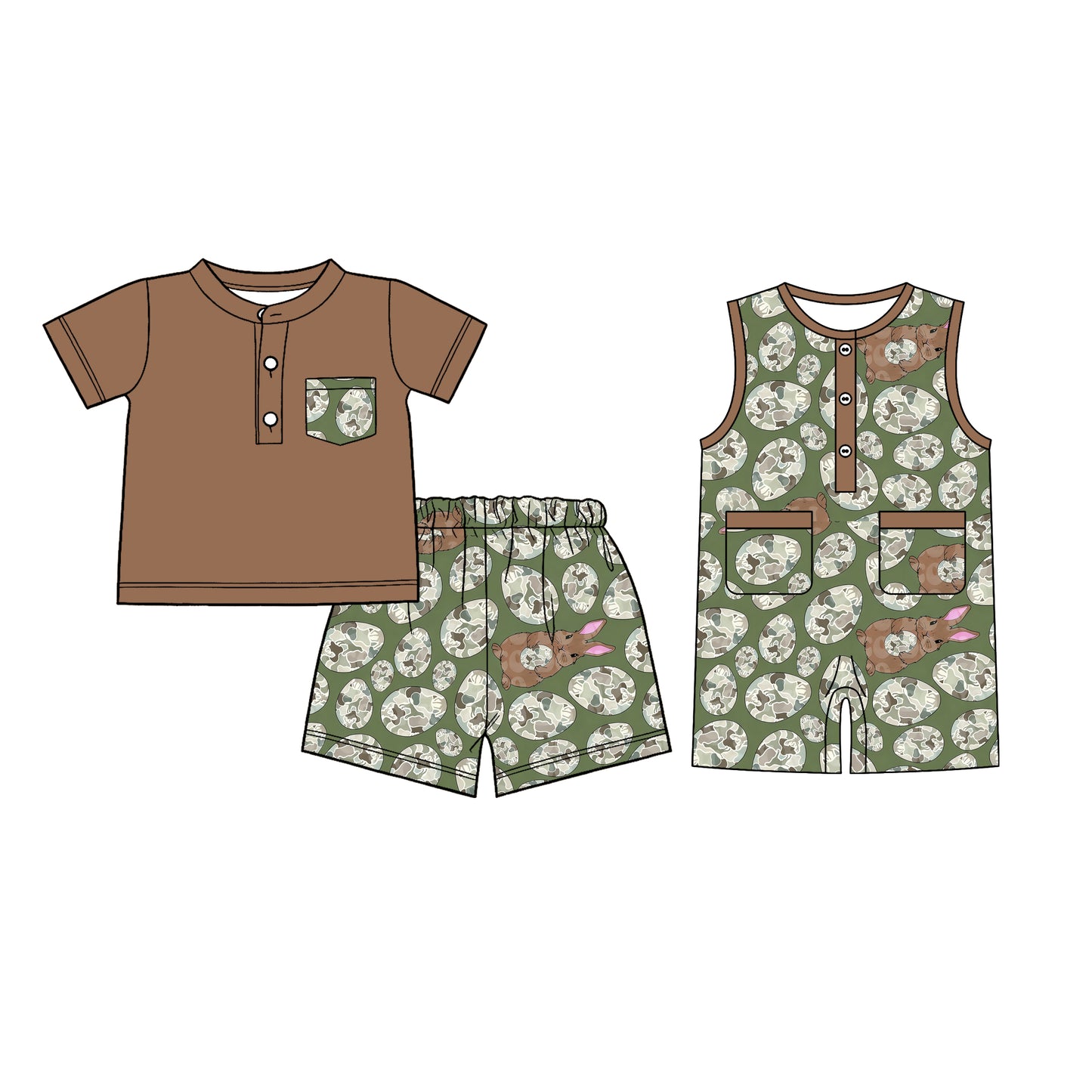 26.1.6 Custom MOQ:3 or 5 pcs each design milk silk Sibling baby boy clothes camouflage eggs short sleeve shorts sets and romper