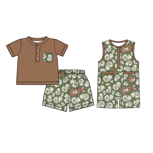 26.1.6 Custom MOQ:3 or 5 pcs each design milk silk Sibling baby boy clothes camouflage eggs short sleeve shorts sets and romper