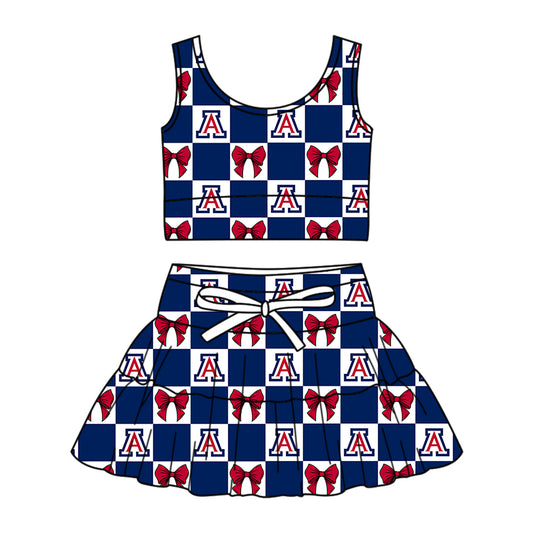Custom MOQ 3 or 5 pcs Team Design Girl Summer Navy Bows Plaid Vests Top Skirt Short Team Clothes Sets
