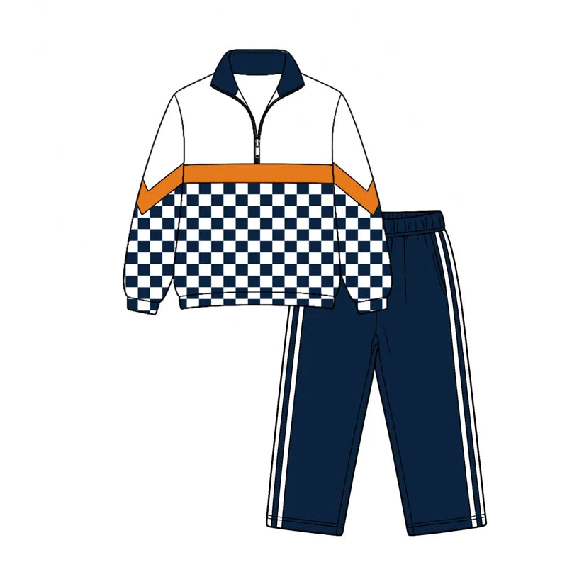 7.25 design Baby Boys Navy Checked Zip Pullover Top Pant Team Clothes Sets