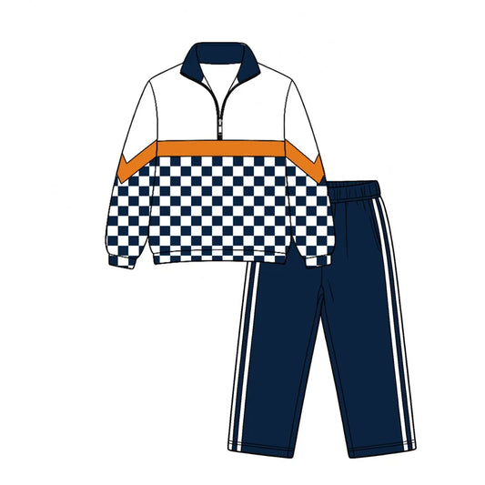 7.25 design Baby Boys Navy Checked Zip Pullover Top Pant Team Clothes Sets