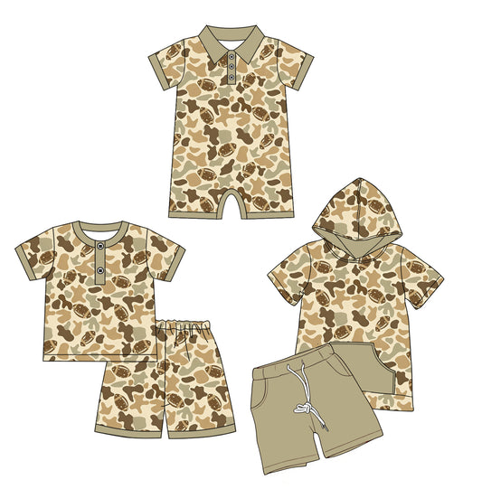 26.1.16 Custom (moq 3 or 5) Sibling Green Camo Baby Boy Football Team Top Shorts 2Pcs Clothes Set Kids Romper