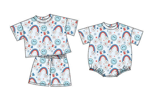 26.1.9 Custom MOQ:3 or 5 pcs each design milk silk Sibling baby girl clothes USA smiley short sleeve shorts sets and romper