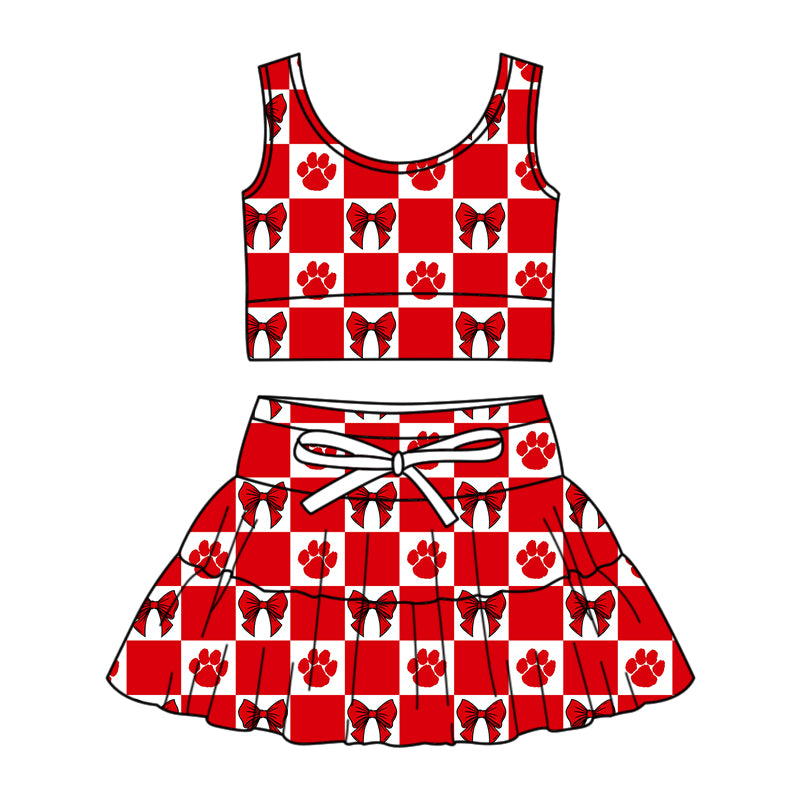Custom MOQ 3 or 5 pcs Team Design Girl Summer Red Pawls Bows Plaid Vests Top Skirt Short Team Clothes Sets