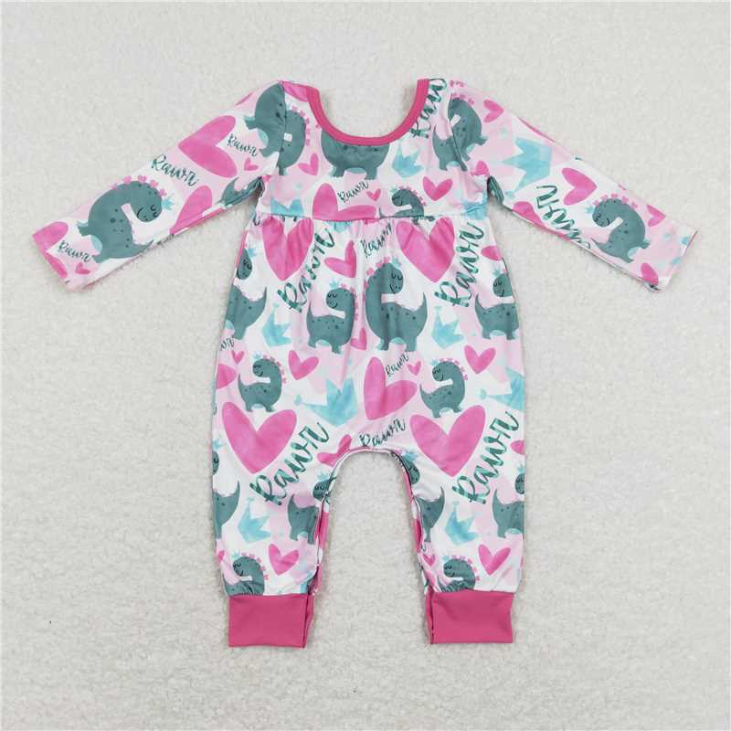 LR0877 Dinosaur crown heart rose red long-sleeved onesie