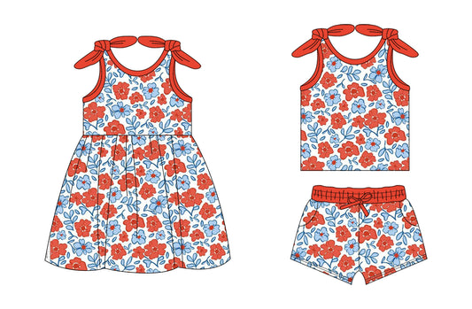 26.1.14 Custom MOQ:3 or 5 pcs each design milk silk Sibling baby girl clothes floral short sleeve shorts sets and dress