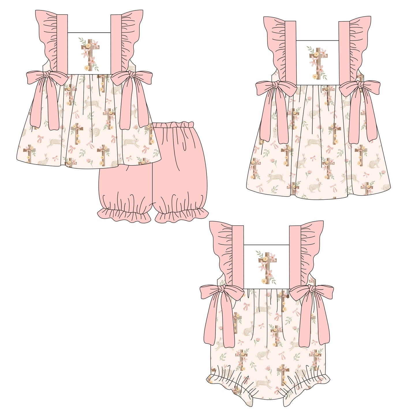 26.1.5 Custom MOQ:3 or 5 pcs each design milk silk Sibling baby girl clothes easter bow short sleeve shorts sets and dress and romper